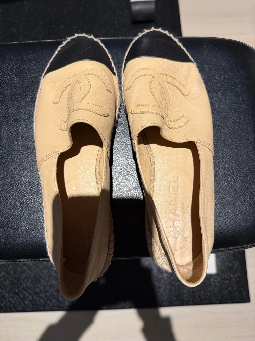 CHANEL Beige Leather Espadrilles with Black Cap Toe